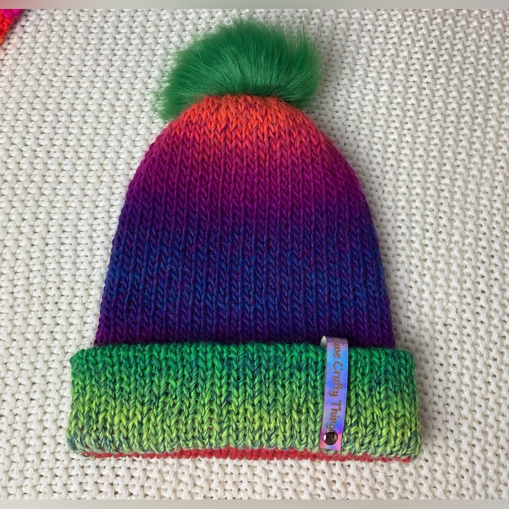 New Handmade Beanie Cap, Subtle Stripes, Burnt Orange, Purple, Blue and Green